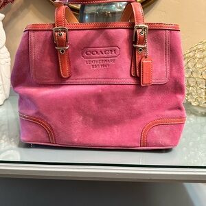 Coach Pink Suede Tote with Leather Trim and Top Handles